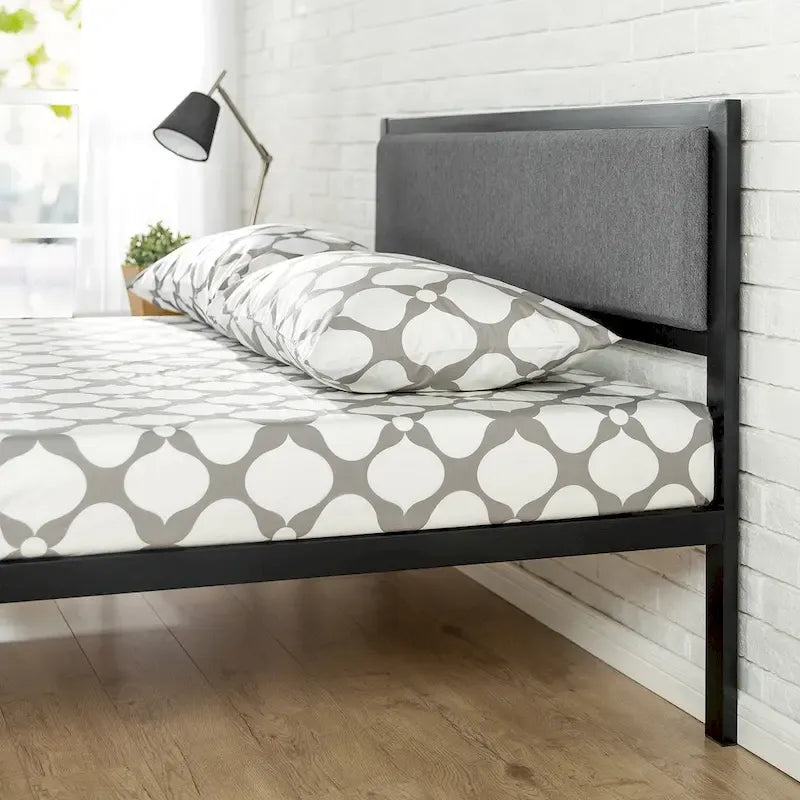 Priage by Zinus Black Steel Platform Bedframe w/ Grey Fabric Headboard