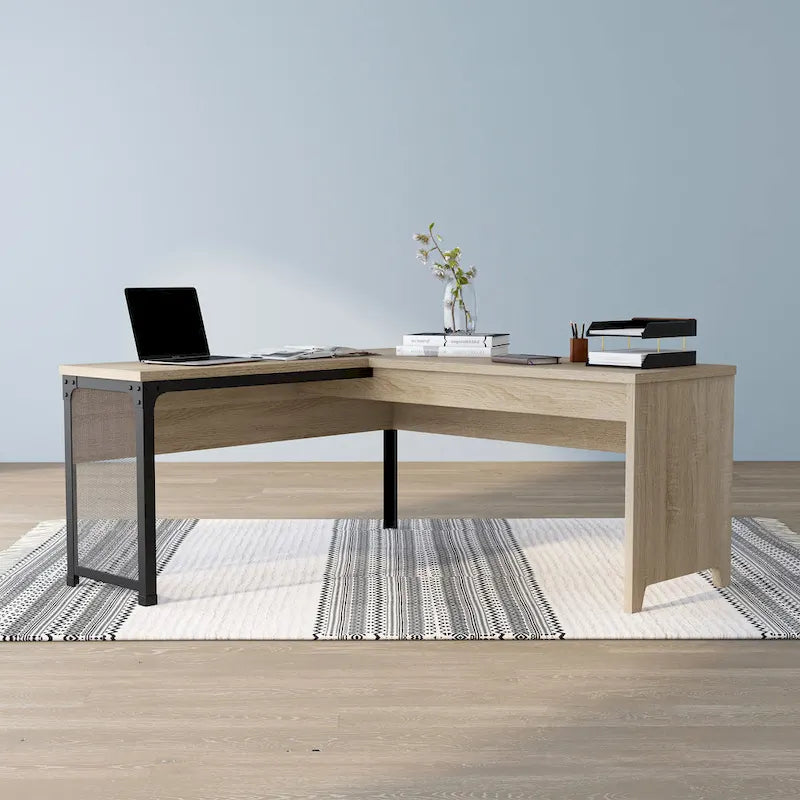 DH BASIC Industrial Natural Oak 65-inch Metal L-Shaped Standing Desk by Denhour