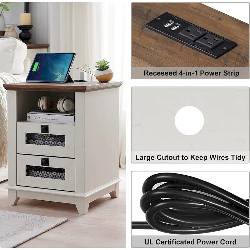 Farmhouse Nightstand with Charging Station, End Table, Side Table
