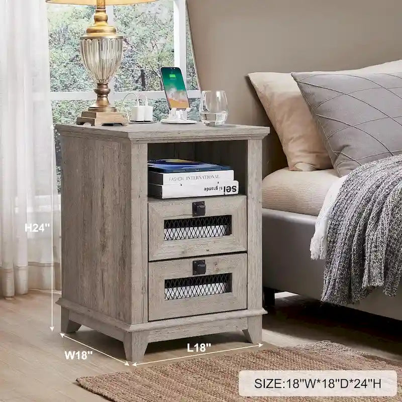 Farmhouse Nightstand with Charging Station, End Table, Side Table