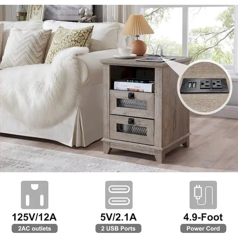 Farmhouse Nightstand with Charging Station, End Table, Side Table