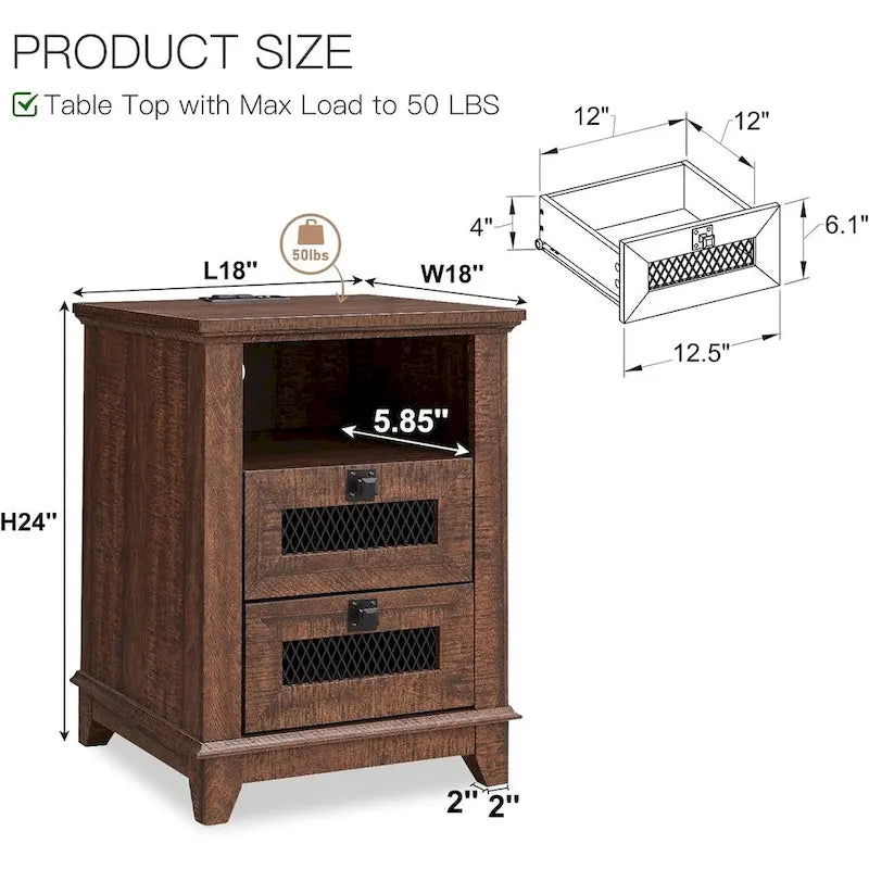 Farmhouse Nightstand with Charging Station, End Table, Side Table