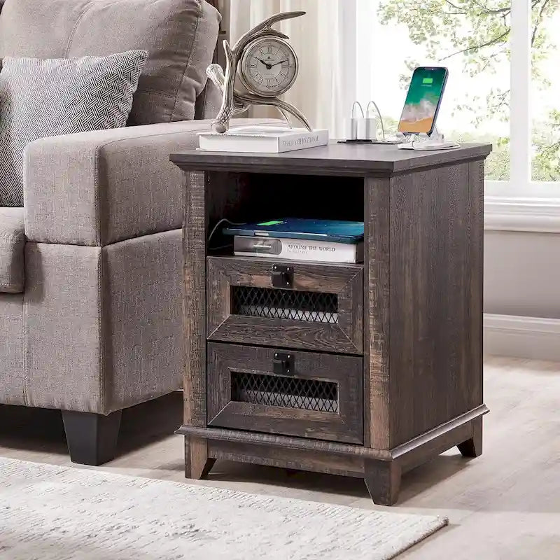 Farmhouse Nightstand with Charging Station, End Table, Side Table