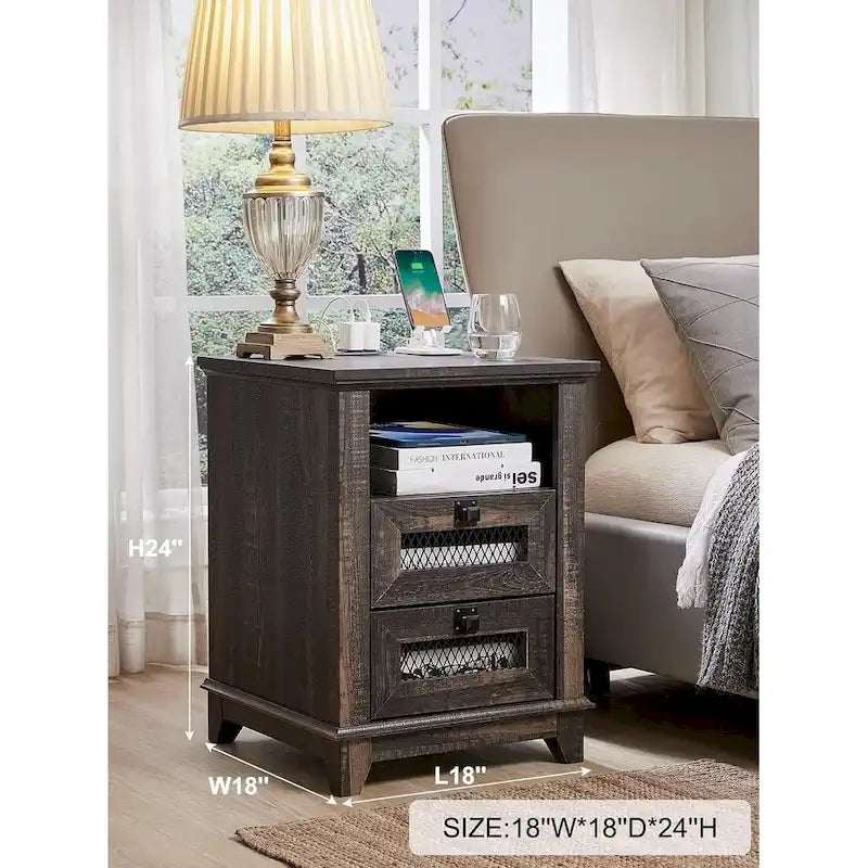 Farmhouse Nightstand with Charging Station, End Table, Side Table