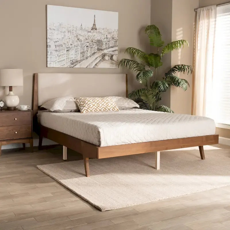 Senna Mid-Century Modern Fabric Upholstered Wood Platform Bed in Beige