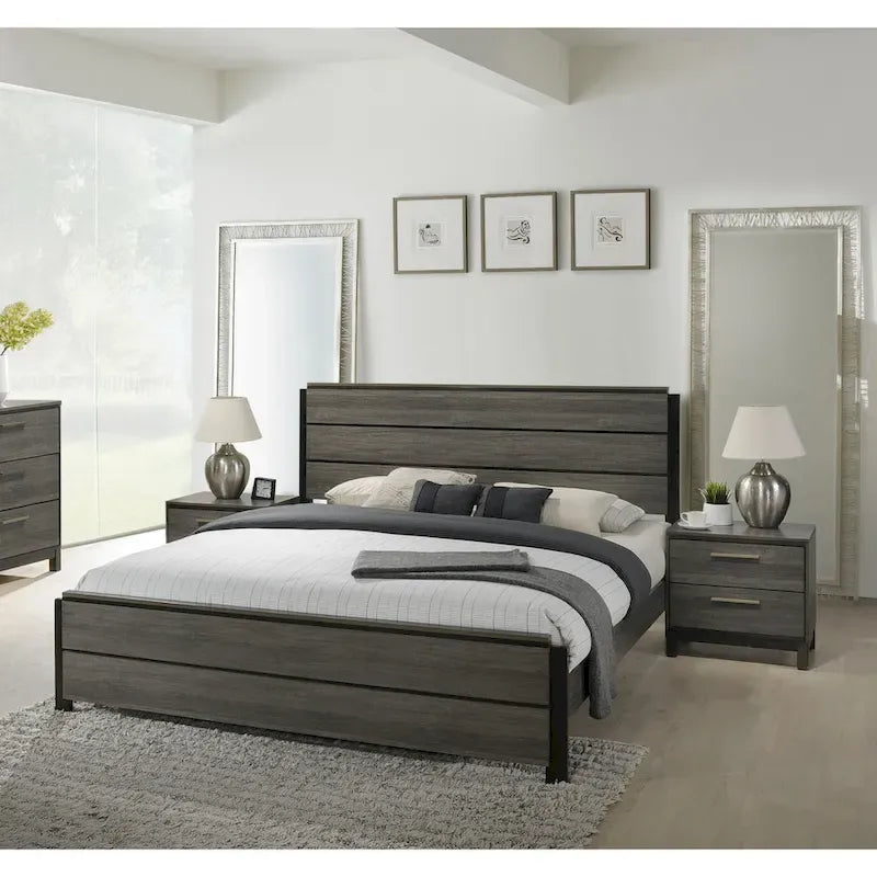 Roundhill Furniture Ioana Antique Grey Finish 3-Piece Wood Bed Room Set, Panel Bed and Two Nightstands