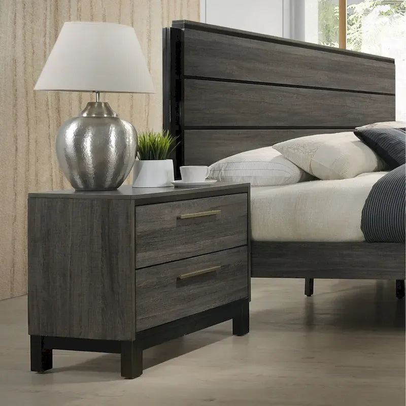 Roundhill Furniture Ioana Antique Grey Finish 3-Piece Wood Bed Room Set, Panel Bed and Two Nightstands