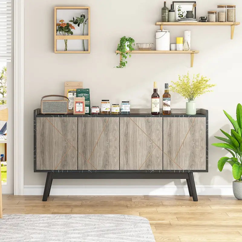 55 inch Buffet Cabinet Kitchen Sideboard Buffet Table Coffee Bar with Storage and Doors for Dining Room Living Room Entryway