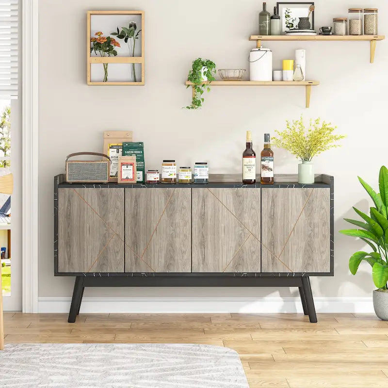 55 inch Buffet Cabinet Kitchen Sideboard Buffet Table Coffee Bar with Storage and Doors for Dining Room Living Room Entryway