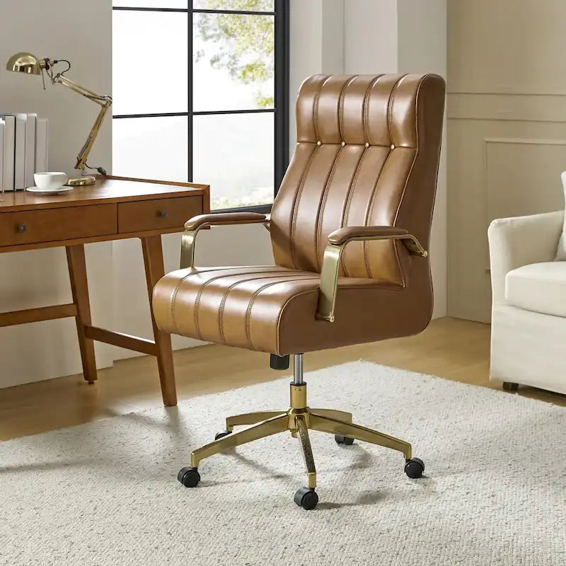 Curtiz Mid-Century Modern Vegan Leather Swivel Tilting Office Chair with Channel Tufted and Metal Feet by HULALA HOME