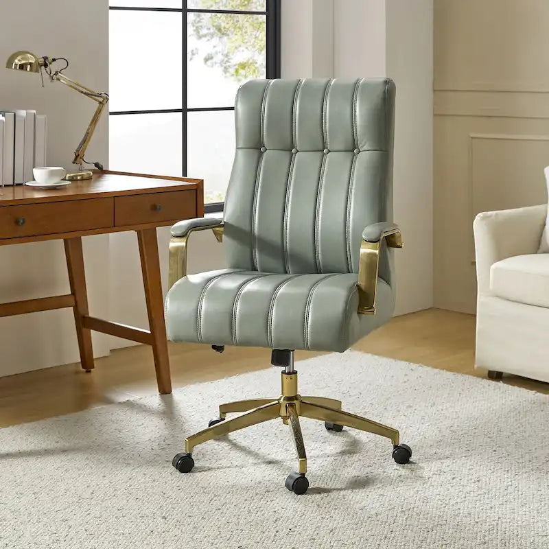 Curtiz Mid-Century Modern Vegan Leather Swivel Tilting Office Chair with Channel Tufted and Metal Feet by HULALA HOME