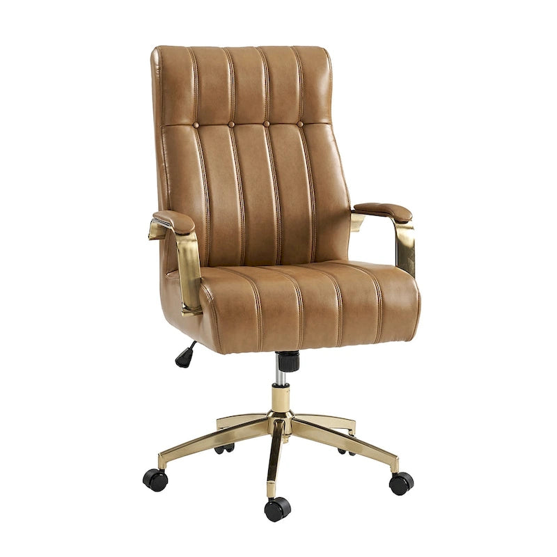 Curtiz Mid-Century Modern Vegan Leather Swivel Tilting Office Chair with Channel Tufted and Metal Feet by HULALA HOME