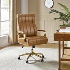 Curtiz Mid-Century Modern Vegan Leather Swivel Tilting Office Chair with Channel Tufted and Metal Feet by HULALA HOME