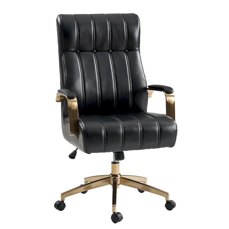 Curtiz Mid-Century Modern Vegan Leather Swivel Tilting Office Chair with Channel Tufted and Metal Feet by HULALA HOME