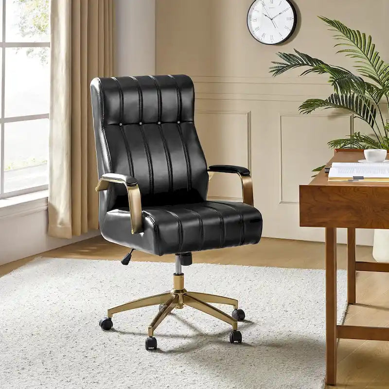Curtiz Mid-Century Modern Vegan Leather Swivel Tilting Office Chair with Channel Tufted and Metal Feet by HULALA HOME