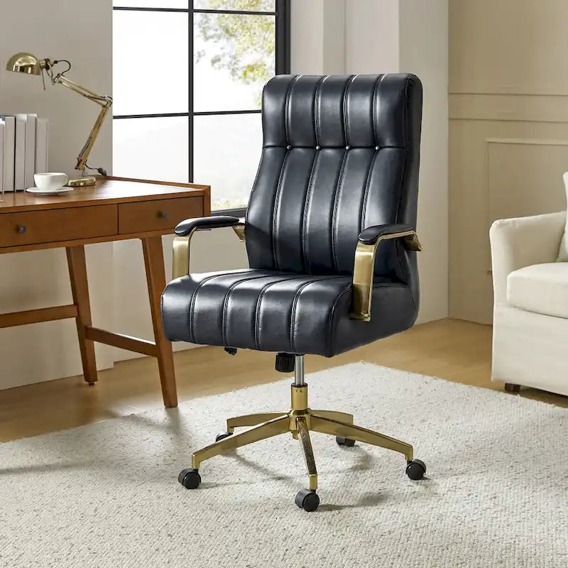 Curtiz Mid-Century Modern Vegan Leather Swivel Tilting Office Chair with Channel Tufted and Metal Feet by HULALA HOME