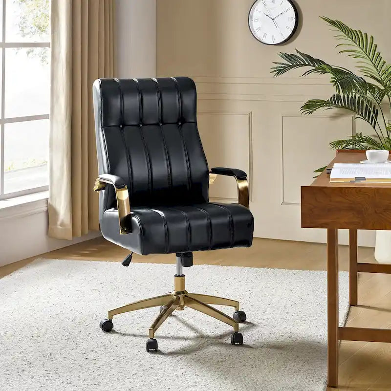 Curtiz Mid-Century Modern Vegan Leather Swivel Tilting Office Chair with Channel Tufted and Metal Feet by HULALA HOME
