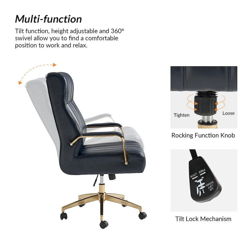 Curtiz Mid-Century Modern Vegan Leather Swivel Tilting Office Chair with Channel Tufted and Metal Feet by HULALA HOME