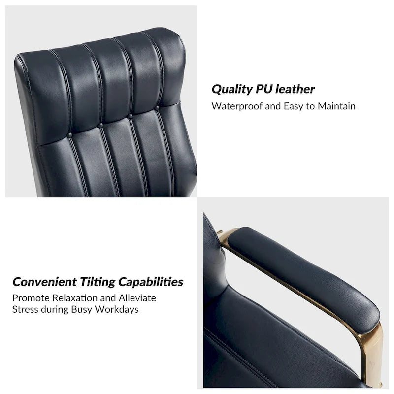 Curtiz Mid-Century Modern Vegan Leather Swivel Tilting Office Chair with Channel Tufted and Metal Feet by HULALA HOME