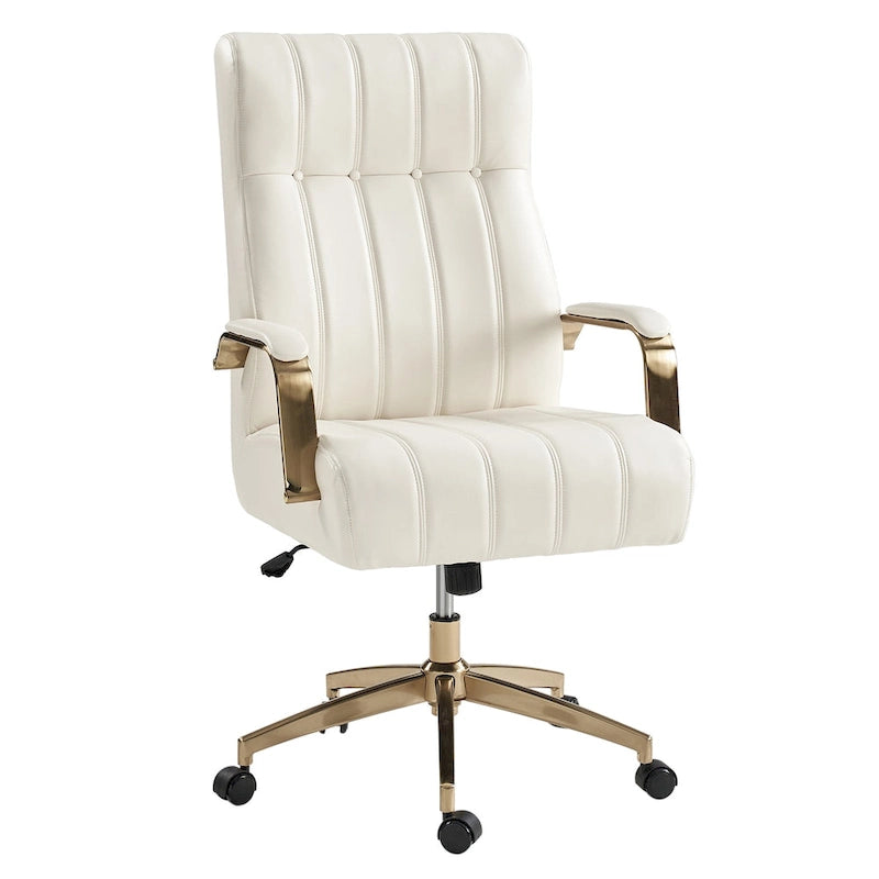 Curtiz Mid-Century Modern Vegan Leather Swivel Tilting Office Chair with Channel Tufted and Metal Feet by HULALA HOME
