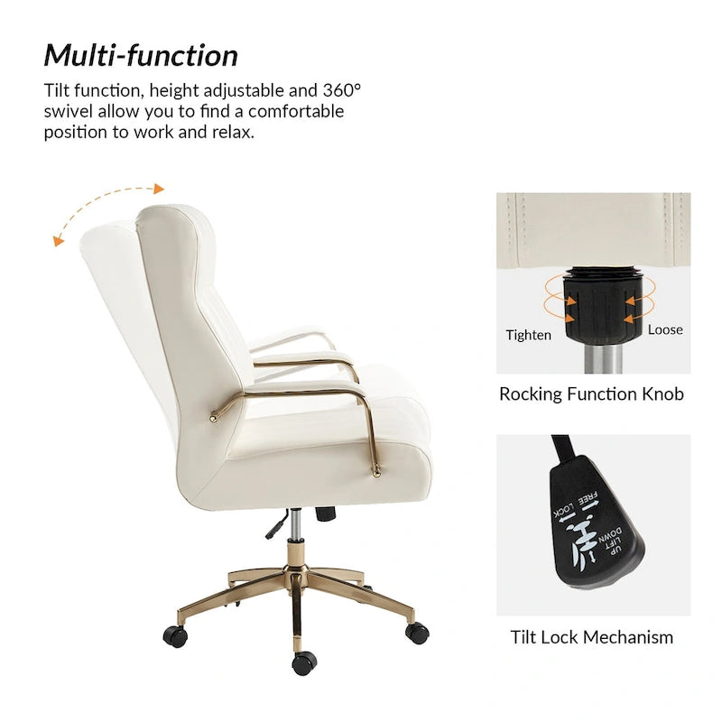 Curtiz Mid-Century Modern Vegan Leather Swivel Tilting Office Chair with Channel Tufted and Metal Feet by HULALA HOME