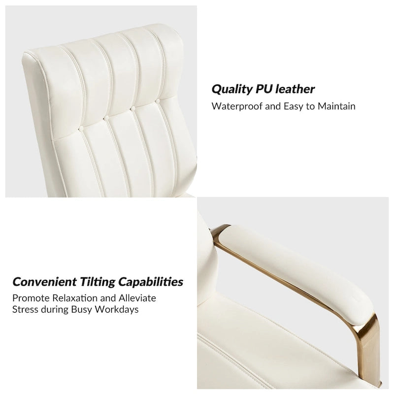 Curtiz Mid-Century Modern Vegan Leather Swivel Tilting Office Chair with Channel Tufted and Metal Feet by HULALA HOME