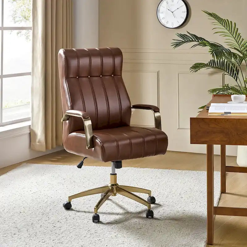 Curtiz Mid-Century Modern Vegan Leather Swivel Tilting Office Chair with Channel Tufted and Metal Feet by HULALA HOME