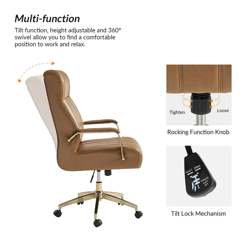 Curtiz Mid-Century Modern Vegan Leather Swivel Tilting Office Chair with Channel Tufted and Metal Feet by HULALA HOME