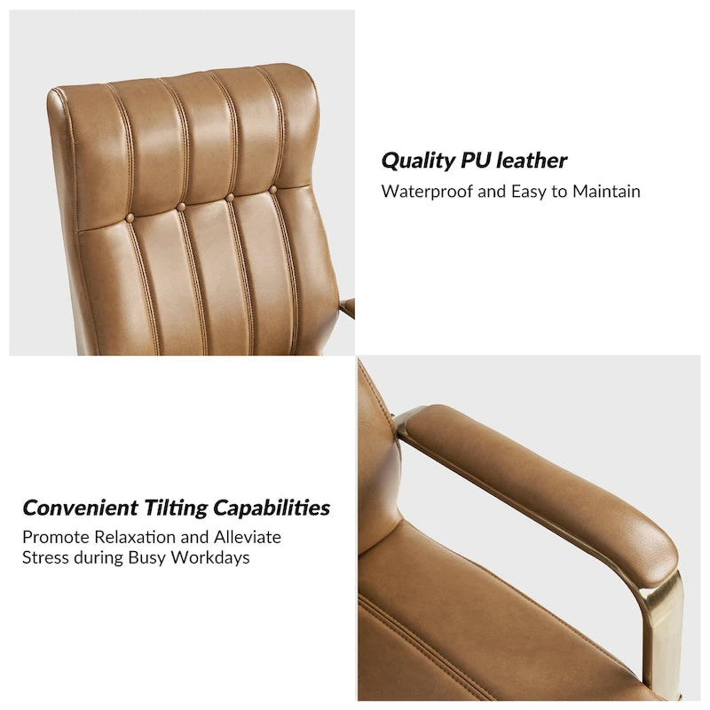 Curtiz Mid-Century Modern Vegan Leather Swivel Tilting Office Chair with Channel Tufted and Metal Feet by HULALA HOME