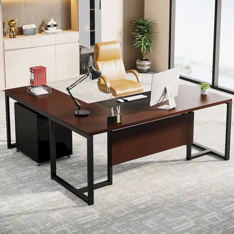 70.8 Executive Desk with File Cabinet, Large L-Shaped Office Executive Desk Computer Desk