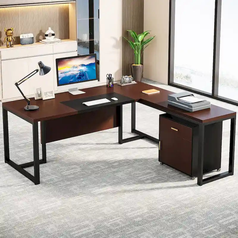 70.8 Executive Desk with File Cabinet, Large L-Shaped Office Executive Desk Computer Desk
