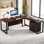 70.8 Executive Desk with File Cabinet, Large L-Shaped Office Executive Desk Computer Desk