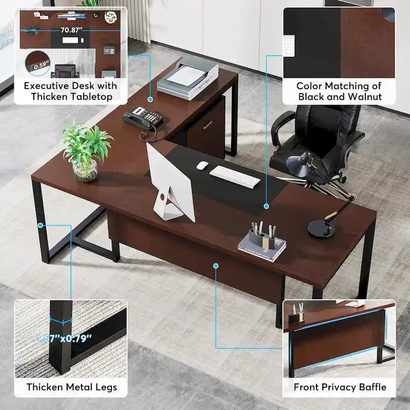 70.8 Executive Desk with File Cabinet, Large L-Shaped Office Executive Desk Computer Desk