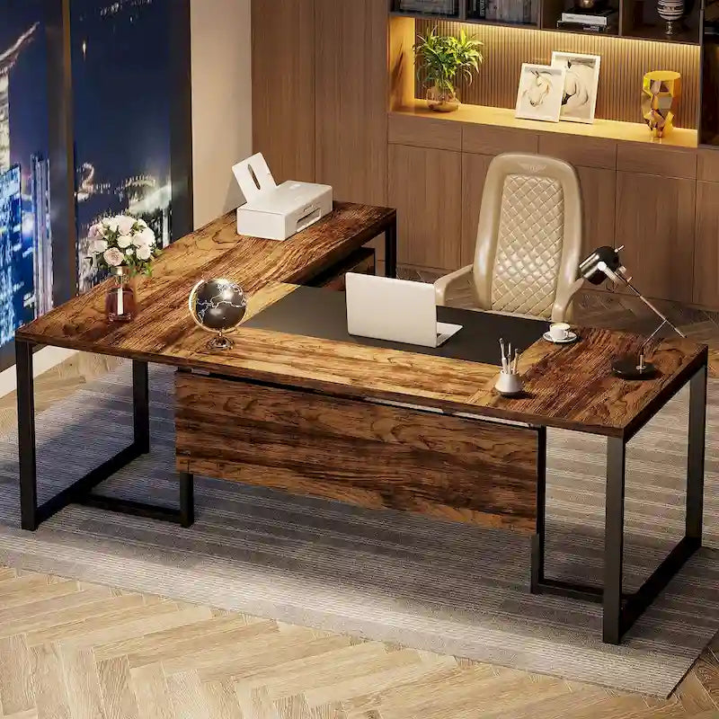 70.8 Executive Desk with File Cabinet, Large L-Shaped Office Executive Desk Computer Desk