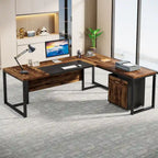 70.8 Executive Desk with File Cabinet, Large L-Shaped Office Executive Desk Computer Desk