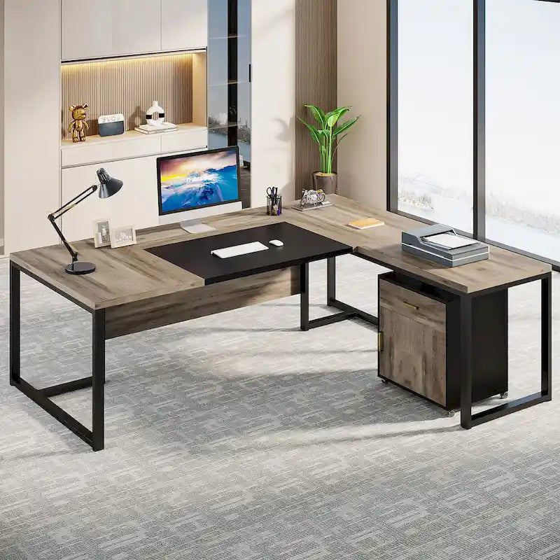 70.8 Executive Desk with File Cabinet, Large L-Shaped Office Executive Desk Computer Desk