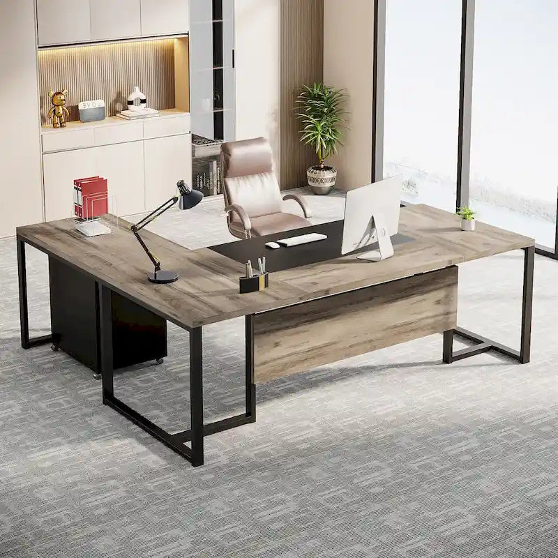 70.8 Executive Desk with File Cabinet, Large L-Shaped Office Executive Desk Computer Desk