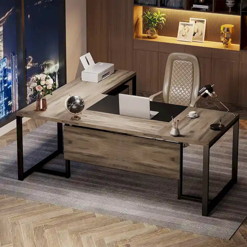 70.8 Executive Desk with File Cabinet, Large L-Shaped Office Executive Desk Computer Desk