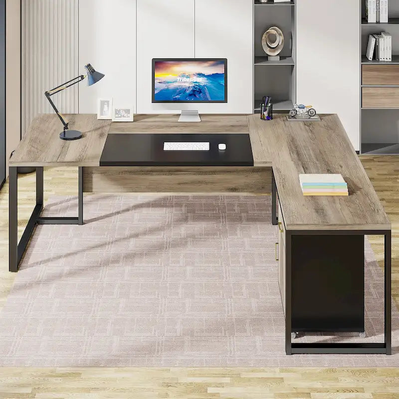 70.8 Executive Desk with File Cabinet, Large L-Shaped Office Executive Desk Computer Desk