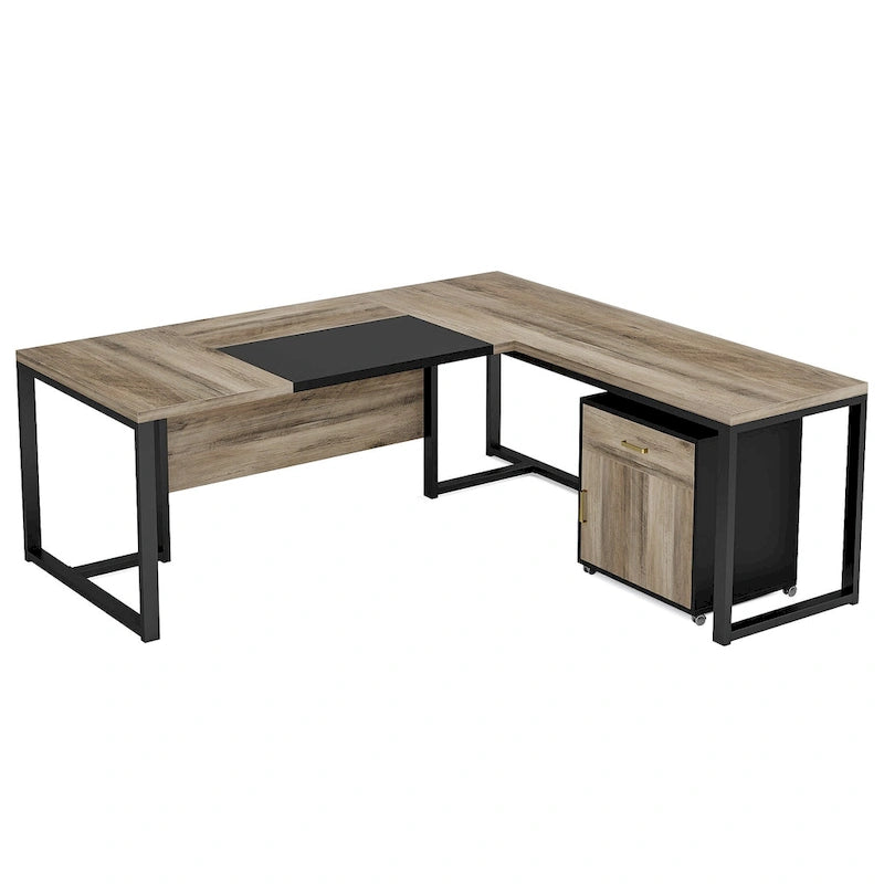 70.8 Executive Desk with File Cabinet, Large L-Shaped Office Executive Desk Computer Desk