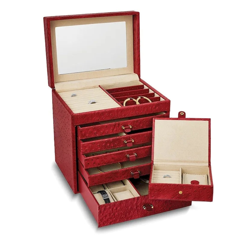 Curata Red Ostrich Texture Leather Mirror Ultra-Suede Lined 5-Drawer Jewelry Chest Removable Travel Case