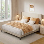 Queen/ Full Vertical Channels Upholstered Bed with Wingback Headboard