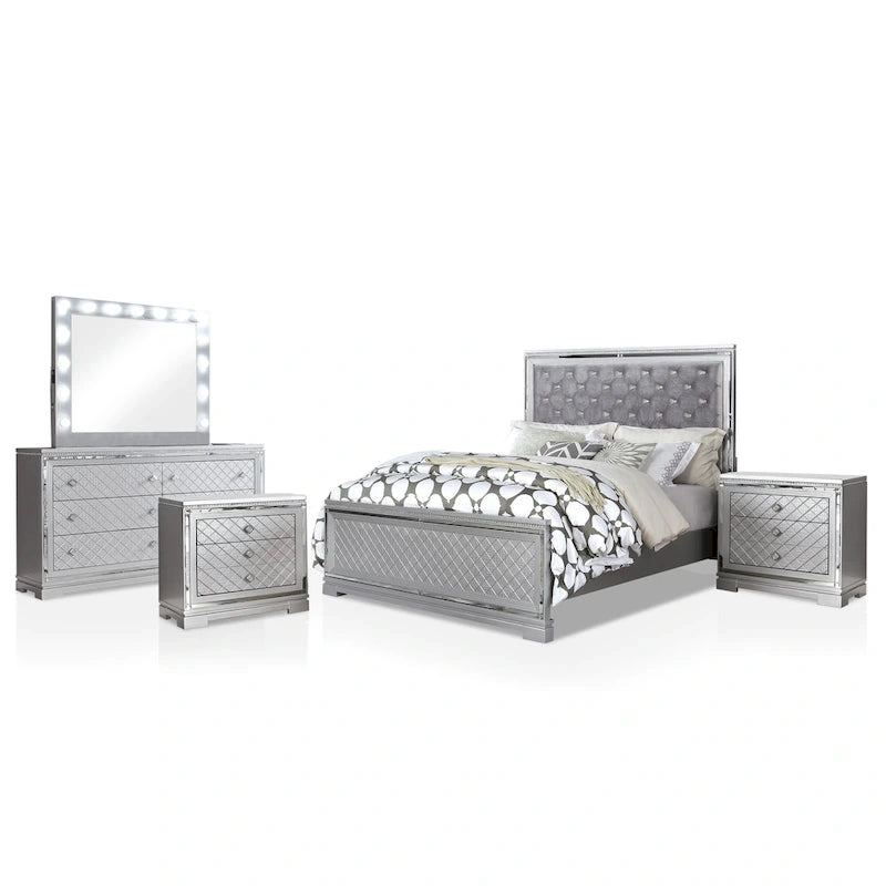 Seleena Glam Silver Wood 5-Piece Tufted Panel Bedroom Set with USB Port by Furniture of America