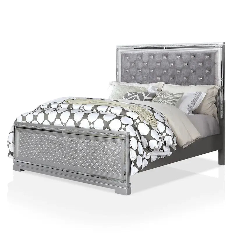 Seleena Glam Silver Wood 5-Piece Tufted Panel Bedroom Set with USB Port by Furniture of America