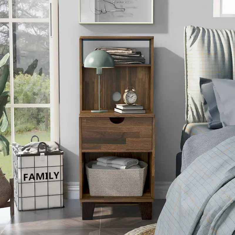 DH BASIC Transitional Compact 3-Shelf Single-Drawer Nightstand by Denhour