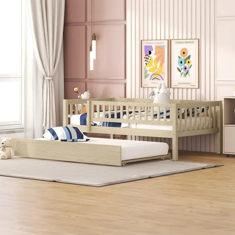 Twin Size Wood Daybed with Trundle and Fence Guardrails