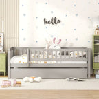 Twin Size Wood Daybed with Trundle and Fence Guardrails