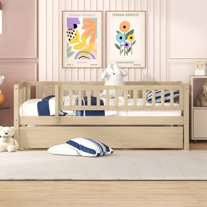 Twin Size Wood Daybed with Trundle and Fence Guardrails