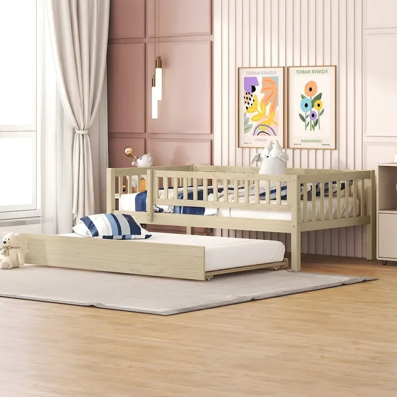 Twin Size Wood Daybed with Trundle and Fence Guardrails