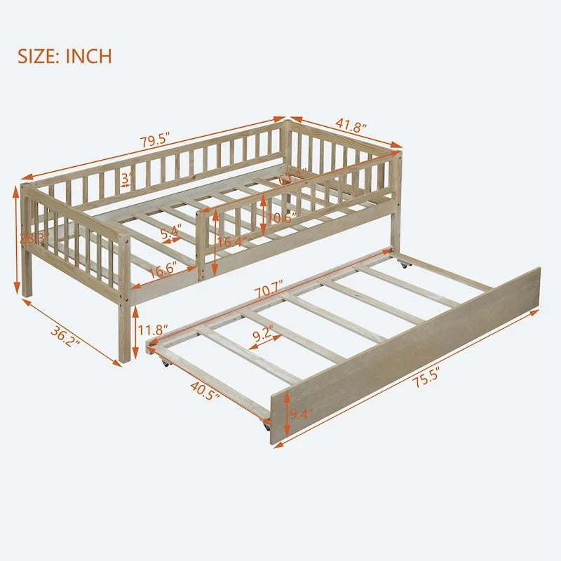 Twin Size Wood Daybed with Trundle and Fence Guardrails